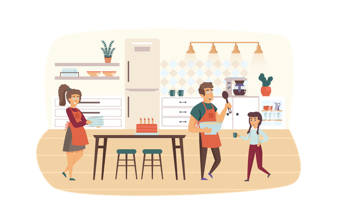 Family cooking breakfast or holiday dinner in kitchen  イラスト
