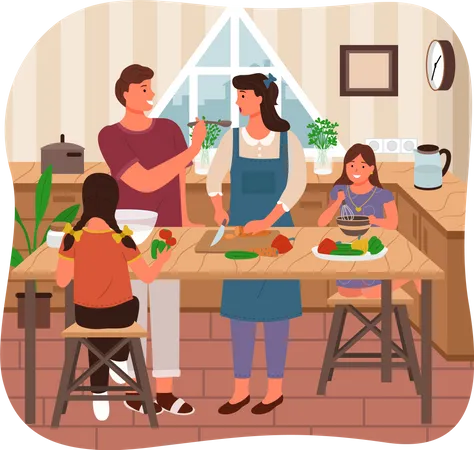 Parents And Children In Kitchen Cooking Dishes Together Kids Helping Parents To Cook Family Spending Time Together Woman Trying Ready Food Given By Man Wife Wearing Apron Vector In Flat Illustration