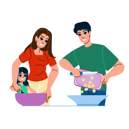 Family Cooking Vector Home Man Happy Together Woman Father Mother Parent Kitchen Dinner Meal Family Cooking Character People Flat Cartoon Illustration Illustration