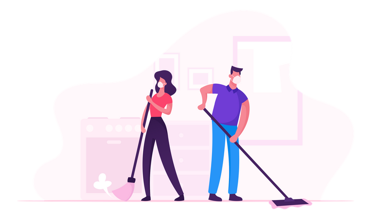 Family Couple Cleaning House During Covid19 Quarantine  Illustration