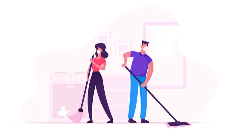 Family Couple Cleaning House During Covid19 Quarantine Illustration