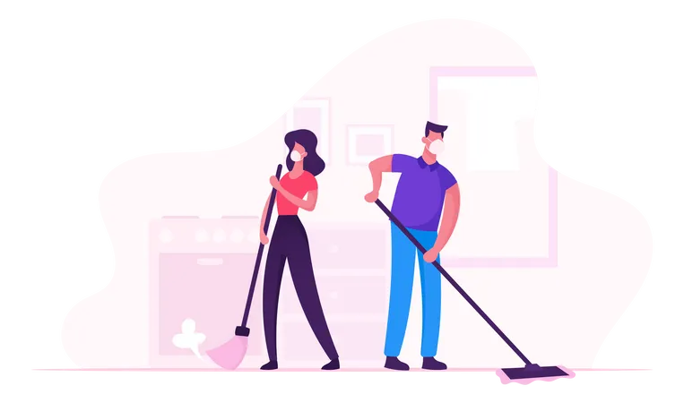 Family Couple Cleaning House During Covid19 Quarantine  Illustration