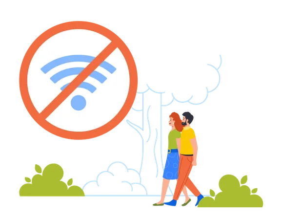 Family Couple Walking In Green Park Young Man And Woman Characters Spend Time Together Chatting Casually In Nature Rest Without Digital Devices No Wi Fi Sign Cartoon People Vector Illustration Illustration