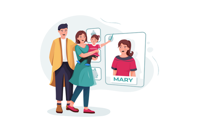 Family couple with baby choosing nanny online  Illustration