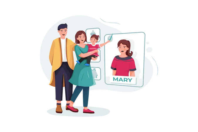 Family couple with baby choosing nanny online  Illustration