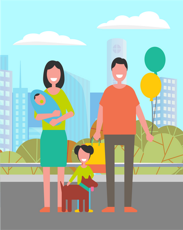 Family couple with children and dog in the park  Illustration