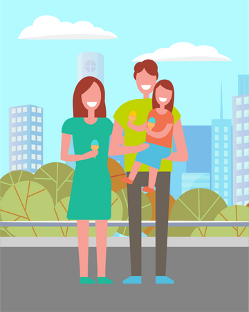 Family couple with children eating ice-cream in the park  Illustration
