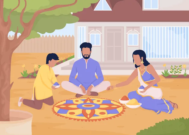 Creating Flower Rangoli With Family Flat Color Vector Illustration Traditional Indian Custom Diwali Festival Preparation Fully Editable 2 D Simple Cartoon Characters With House On Background Illustration