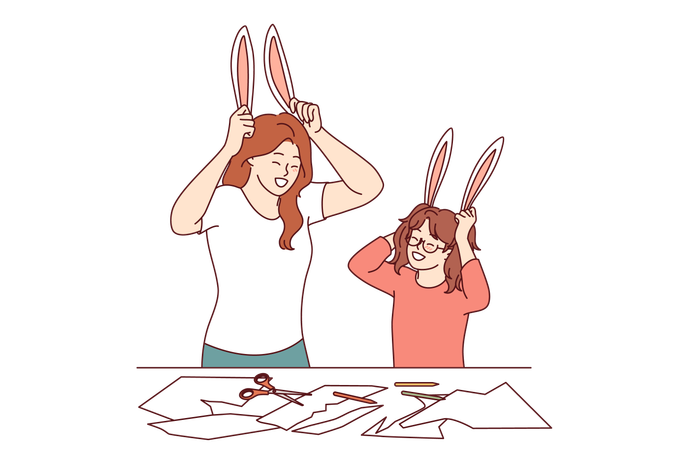 Family creativity for mom and daughter cutting out bunny ears from paper for christmas masquerade  Illustration