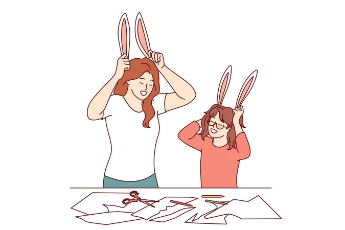 Family creativity for mom and daughter cutting out bunny ears from paper for christmas masquerade  Illustration