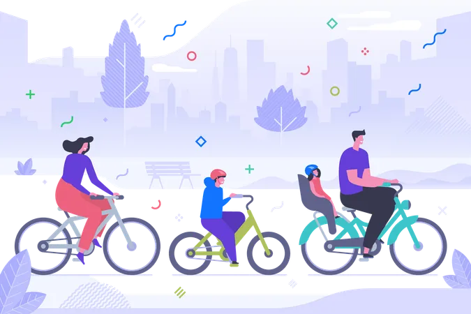 Family Cycling Flat Vector Illustration Happy Mother Father And Children Cartoon Characters Active Rest Sport Recreation Healthy Lifestyle Outdoor Activity Parents And Kids Riding Bicycles Illustration