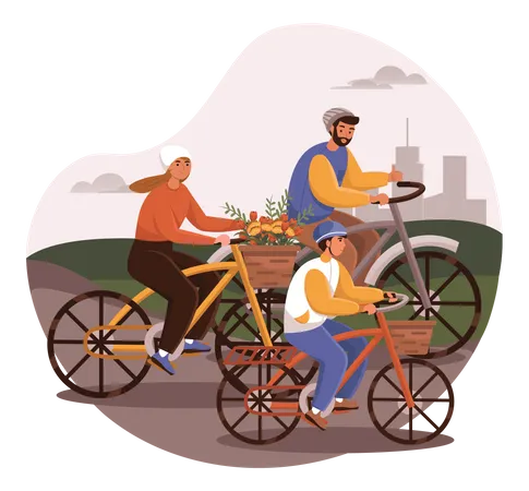 Family cycling in park  Illustration