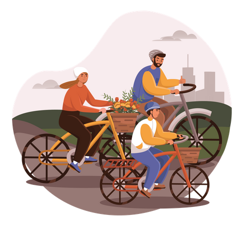 Family cycling in park  Illustration