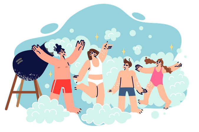 Family dancing at foam party  Illustration