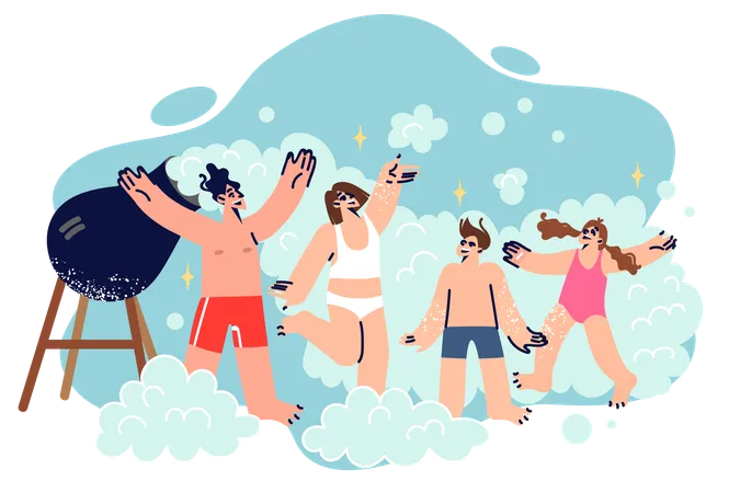 Family dancing at foam party  Illustration