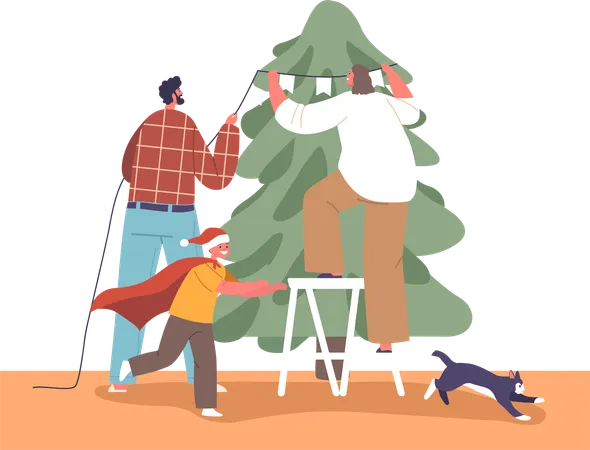 Festive Scene Unfolds As Family Joyfully Decorates Their Home For Christmas Wrapping Garland Around The Tree Hanging Ornaments And Spreading Holiday Cheer Together Cartoon Vector Illustration Illustration