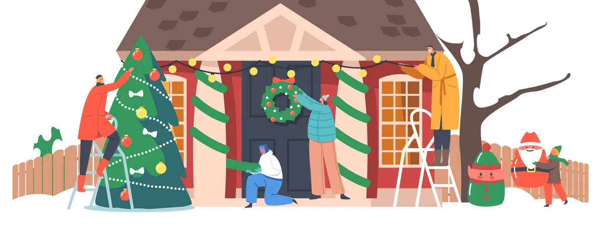 Family Decorate House for Christmas Illustration