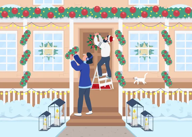 Family decorate house for Christmas Illustration