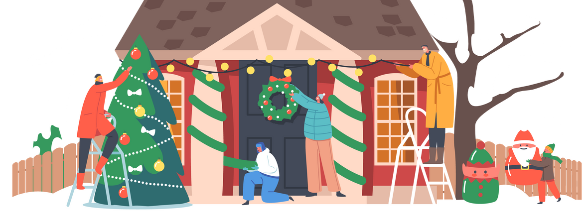 Family Decorate House for Christmas  Illustration