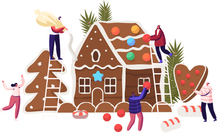 Family decorating Christmas gingerbread house  Illustration