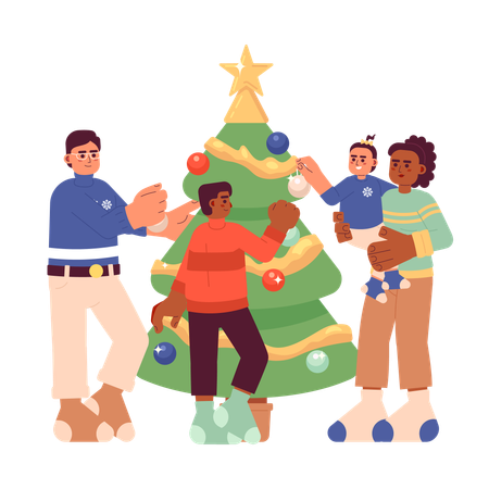 Family decorating Christmas tree  Illustration