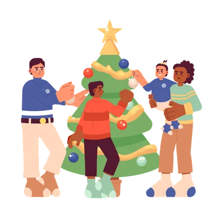 Diverse Family Christmas Tree Decorating Cartoon Flat Illustration Interracial Family Holiday 2 D Characters Isolated On White Background Festive Activity Hang Baubles Xmas Scene Vector Color Image Illustration