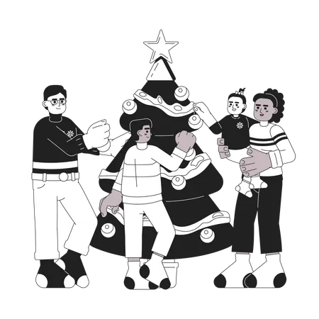 Diverse Family Christmas Tree Decorating Black And White Cartoon Flat Illustration Interracial Family Holiday Linear 2 D Characters Isolated Hanging Baubles Xmas Monochromatic Scene Vector Image Illustration