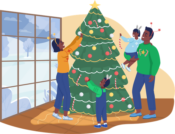 Family Decorating Christmas tree Illustration