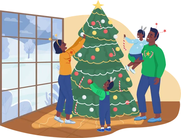 Decorating Christmas Tree 2 D Vector Isolated Illustration Winter Holidays Preparation Celebrating Festive Traditions Together Family Flat Characters On Cartoon Background New Year Colourful Scene Illustration