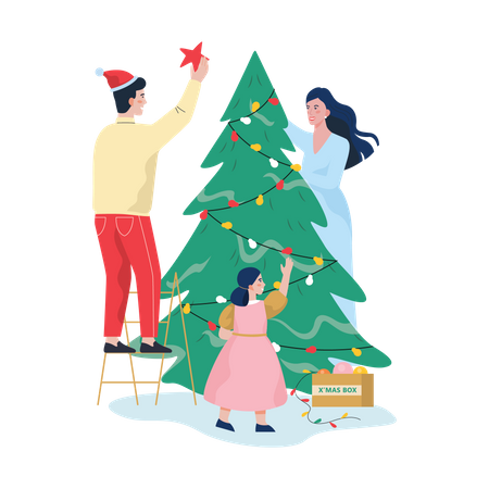 Family decorating Christmas tree  イラスト