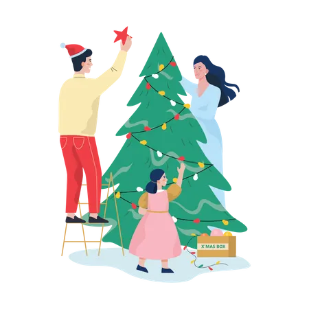 Family decorating Christmas tree  イラスト