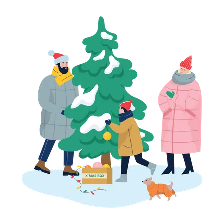 Family decorating Christmas tree Illustration