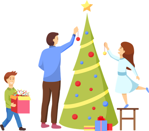 Family decorating christmas tree  Illustration