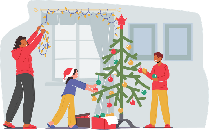 Family decorating christmas tree and house  Illustration