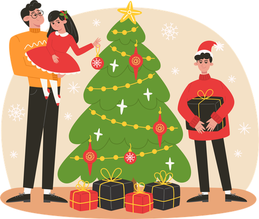 Family decorating Christmas tree  Illustration