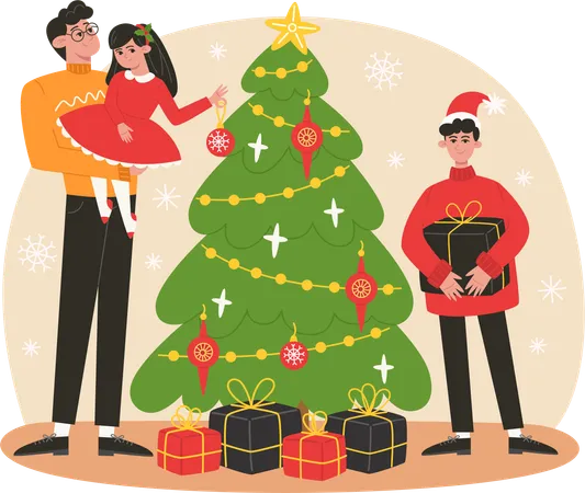 Family decorating Christmas tree  Illustration