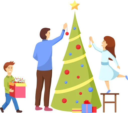 Family decorating christmas tree  Illustration