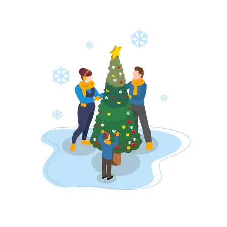 Family decorating Christmas tree  Illustration