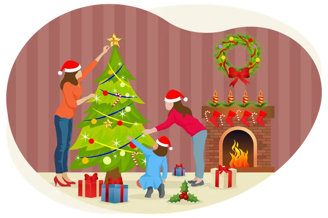 Family decorating Christmas tree  Illustration