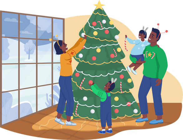 Family Decorating Christmas tree  Illustration