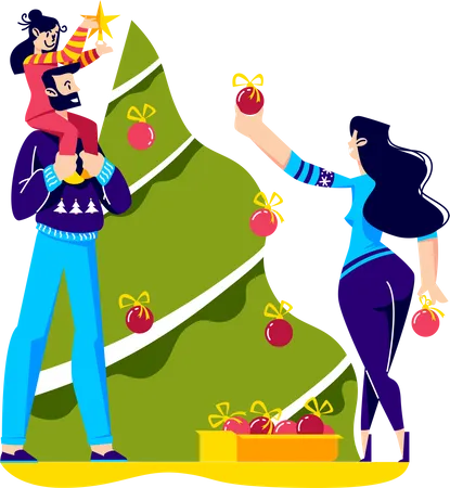 Family decorating Christmas tree  Illustration