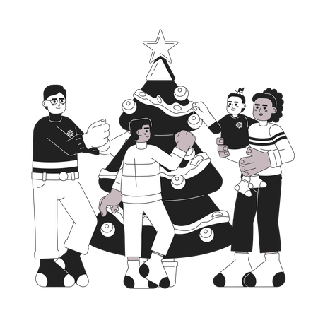 Family decorating Christmas tree  Illustration