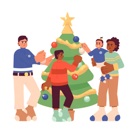 Family decorating Christmas tree  Illustration