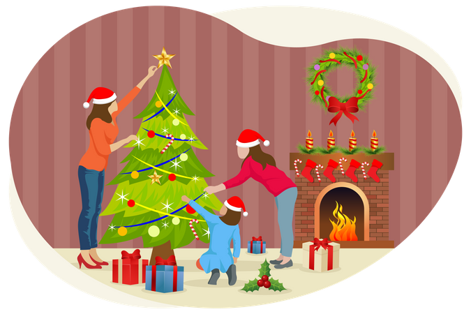 Family decorating Christmas tree  Illustration