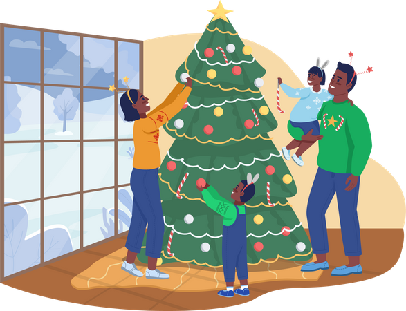 Family Decorating Christmas tree  Illustration