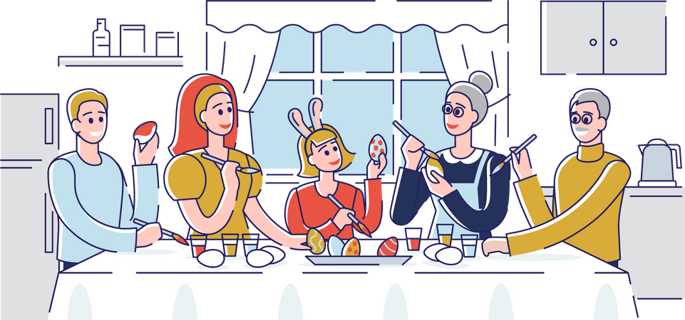 Family decorating easter egg together  イラスト