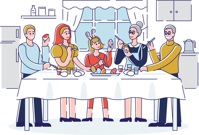 Family decorating easter eggs  イラスト