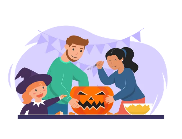 Family decorating Halloween Pumpkin Illustration