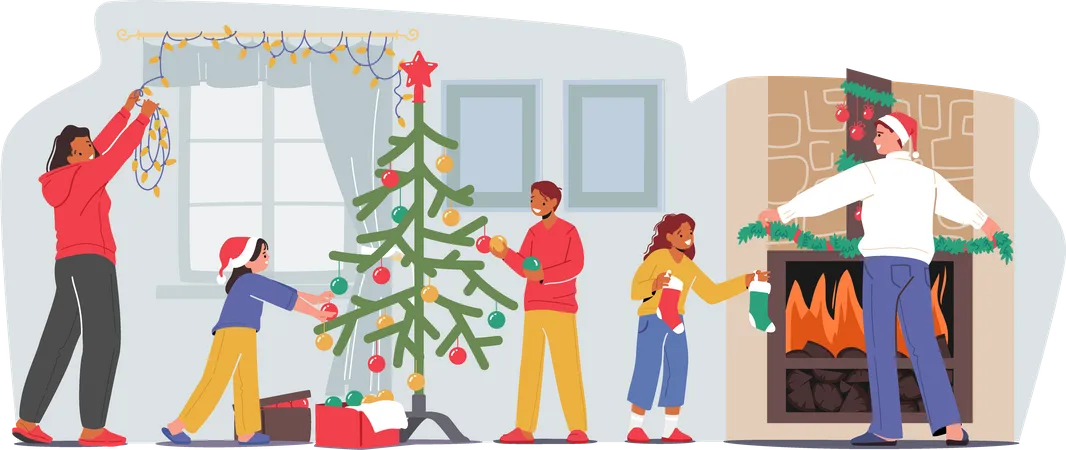 Happy Family Decorating Room For Christmas Mother Decorate Window With Garland Little Children Hang Toys On Beautiful Fir Tree Father Put Spruce Branches On Fireplace Cartoon Vector Illustration Illustration