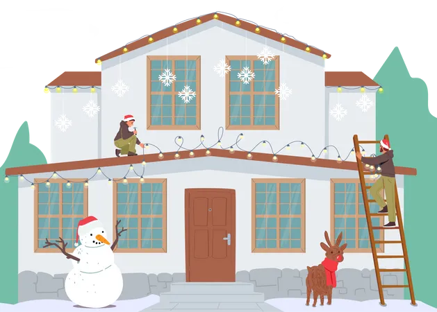 Happy Family Decorate House For Christmas Father And Son Hang Festive Garland On Home Roof Decorating Yard And Dwelling Exterior With Snowman And Reindeer Statue Cartoon Vector Illustration Illustration